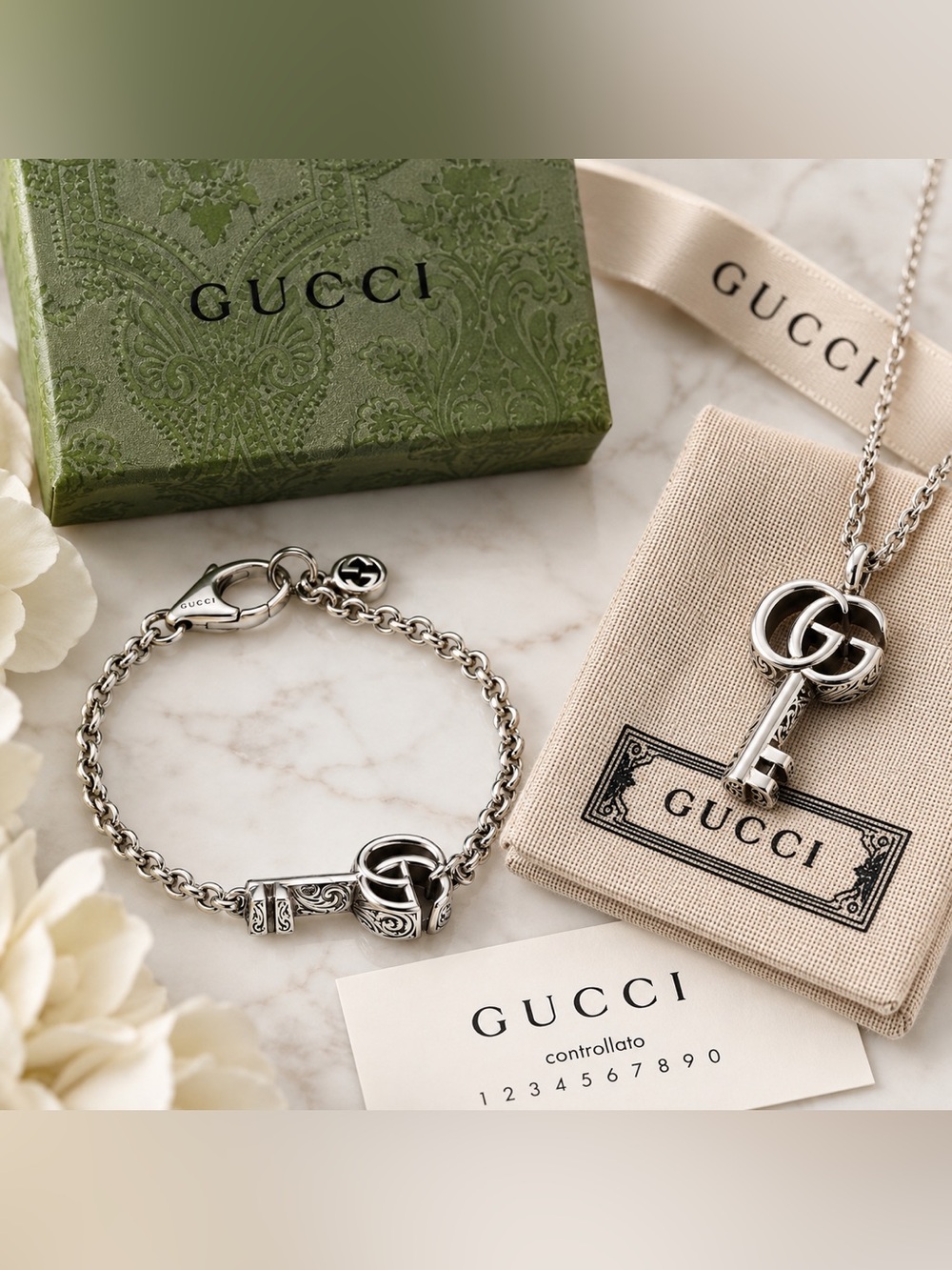 GUCCI Double G Key Necklace & GG Marmont Bracelet Sterling Silver Set